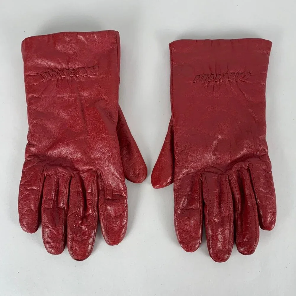 Stylish Red Genuine Leather Womens Winter Gloves Soft Polyester Lining Size 8